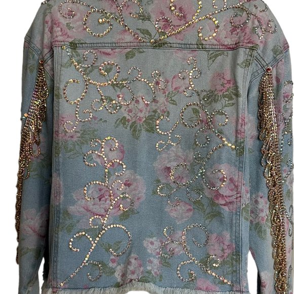 (H-216) Embellished Rose Print Denim Jean Jacket Size L - Picture 3 of 14